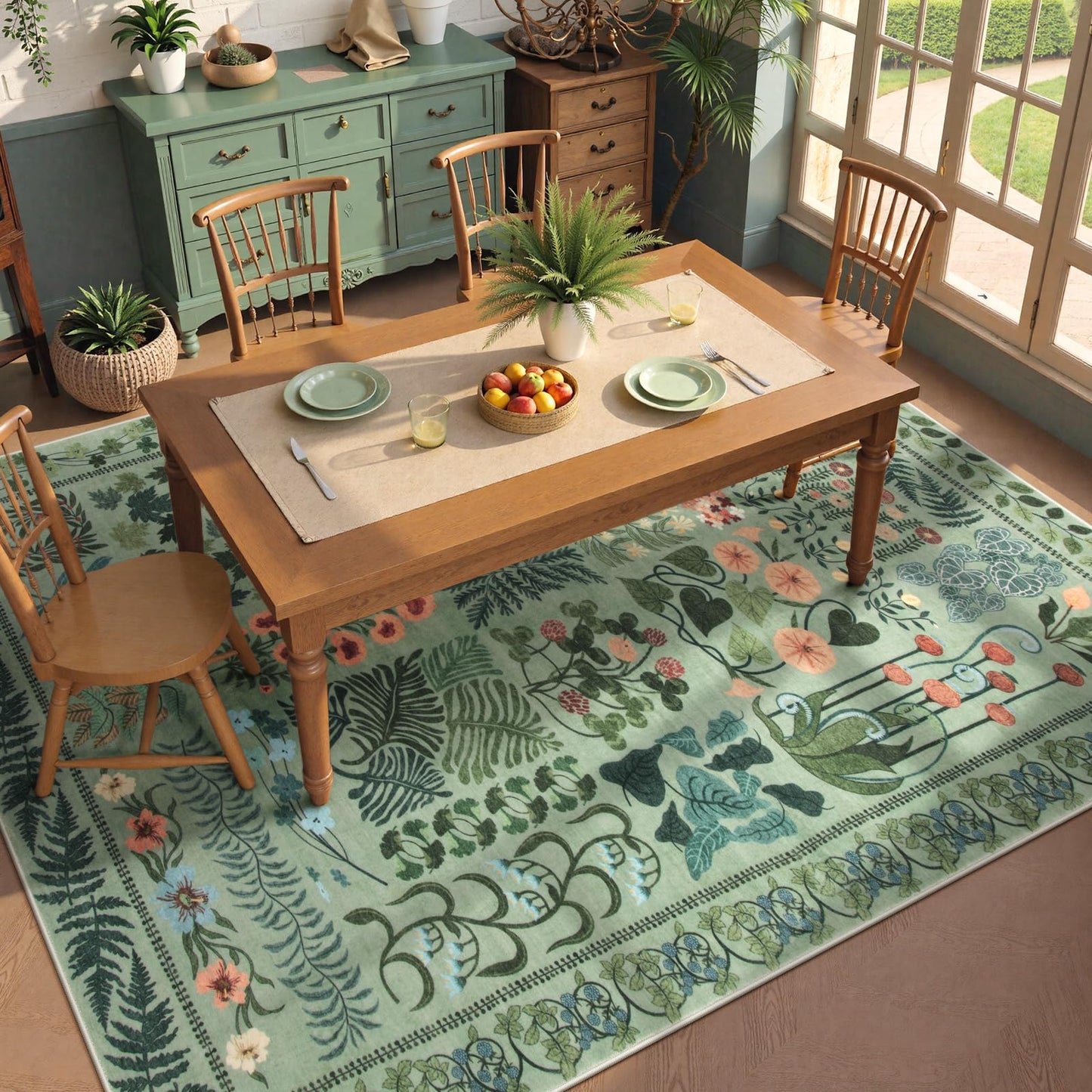 Zealude Floral Boho Washable 5x7 Area Rug for Living Room, Green Botanical Rug for Bedroom Dining Room Low Pile Non Slip, No Shed Large Carpet for Home Office Decor