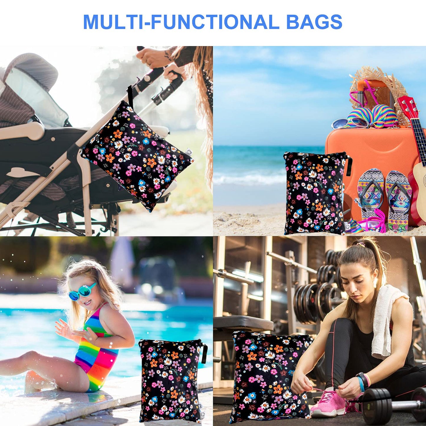 FLOCK THREE Washable and Reusable Wet Bag Diaper Bag Water Resistant Swimming Bag Pouch, Yoga Gym Bag Floral Print, 12.6'' x 16.5''