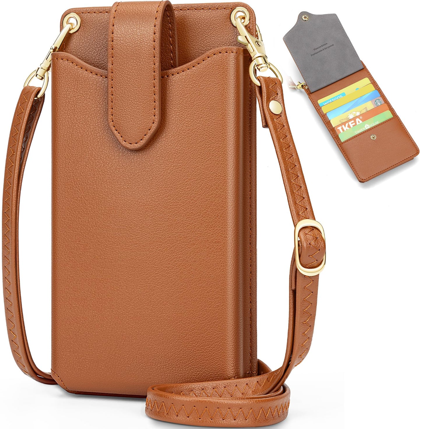 Peacocktion Small Crossbody Bags for Women, RFID Leather Cell Phone Purse with Card Slot, Trendy Card Holder Wallet Brown