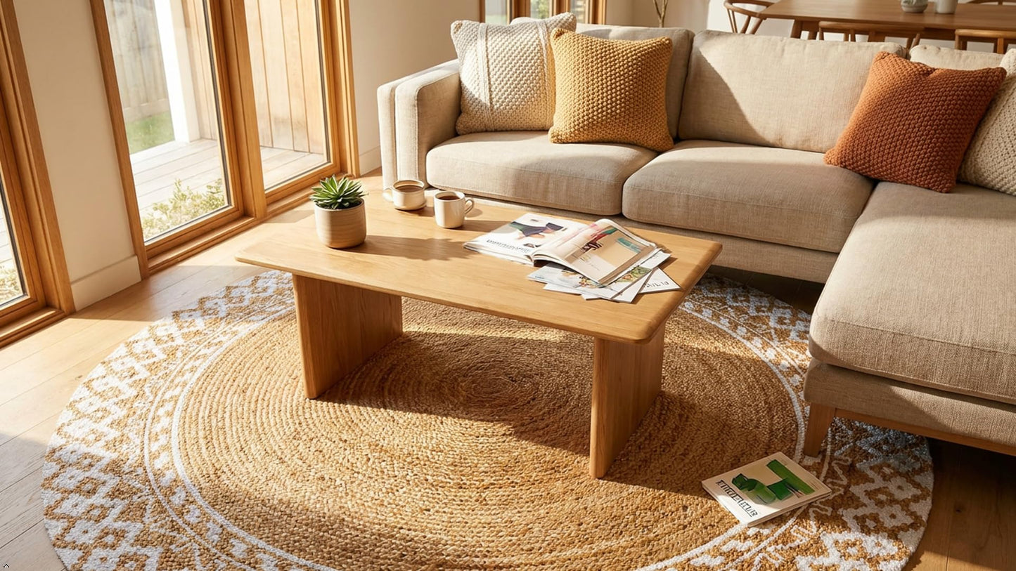 4 Ft Round Jute Rug – Handwoven Natural Fiber Area Rug with White Border, Boho Braided Rug for Living Room, Dining Table, Entryway & Bedroom, Durable & Eco-Friendly Carpet