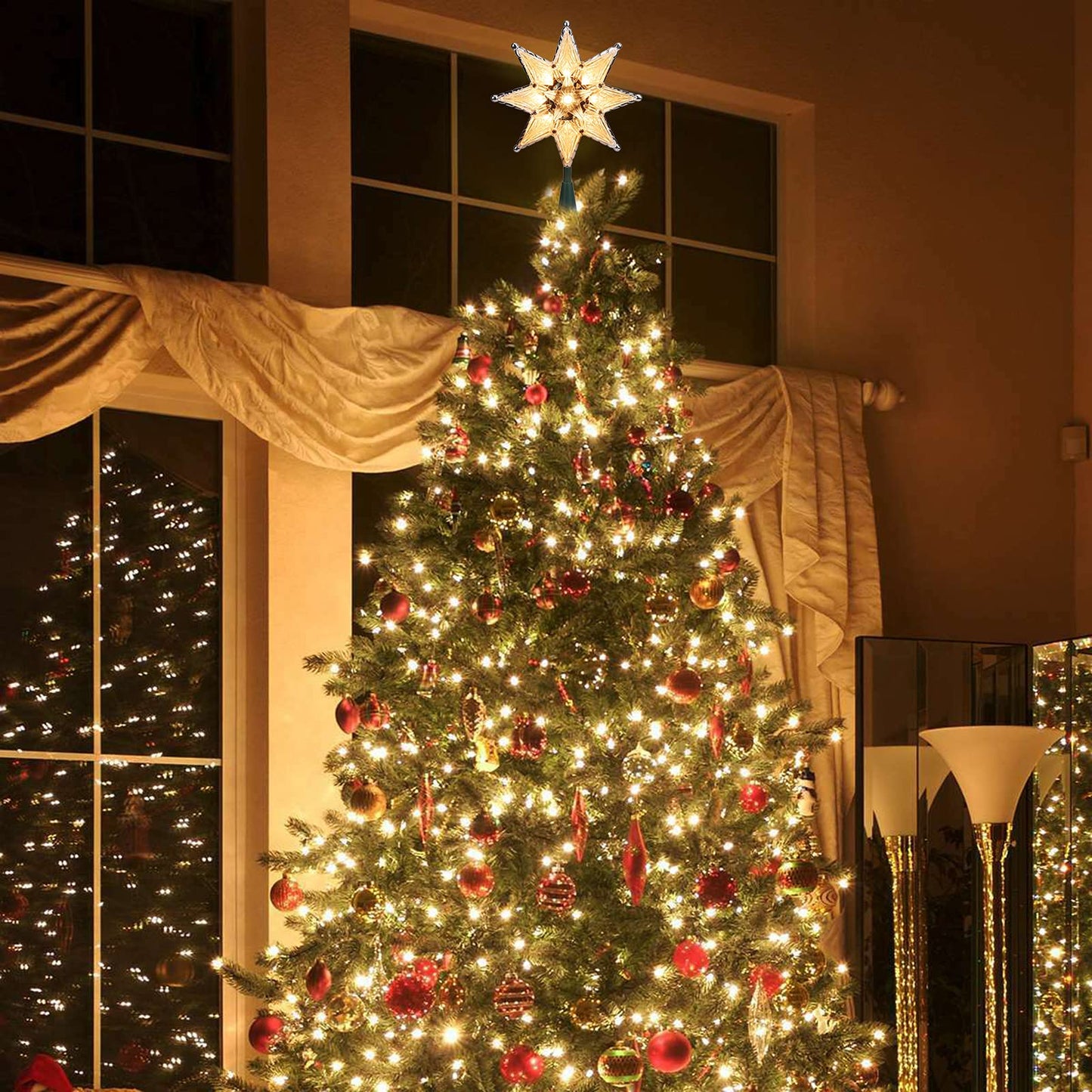 Brizled Star Christmas Tree Topper, 8" Lighted Double-Sided Star Treetop, 8-Point Xmas Tree Topper with 10 Warm Lights, 120V UL Certified for Christmas Ornament Party Home Decor