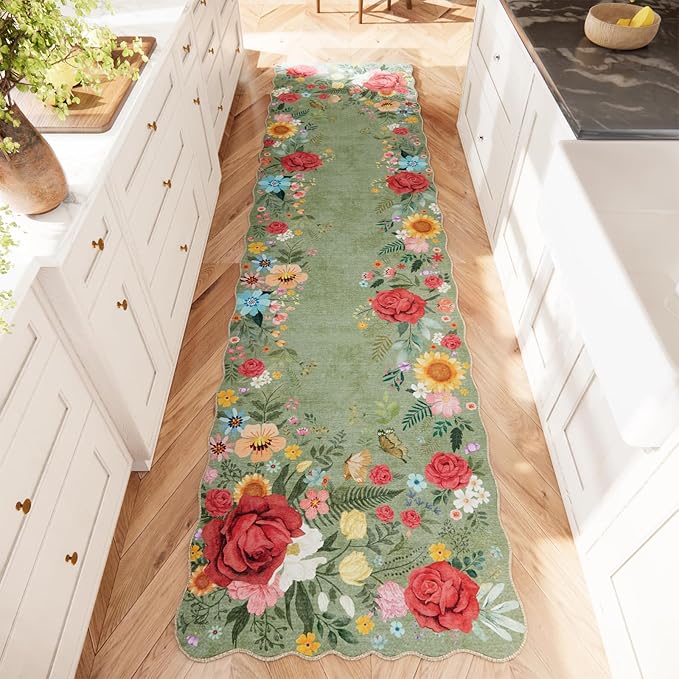 Kitchen Rug Runners for Hallways: 2'6''x10' Washable Runner Rugs for Kitchen Ultra Thin Stain Resistant Non Slip Low Pile Lightweight Vintage Floral Carpet for Farmhouse Decor (Green)