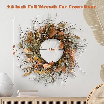 26 Inch Fall Wreath for Front Door Pip Berry Pinecone Autumn Wreath with Pine Needle and Magnolia Leaves, Large Grapevine Wreaths for Fall Door Decor Farmhouse Wall Window Home Decoration