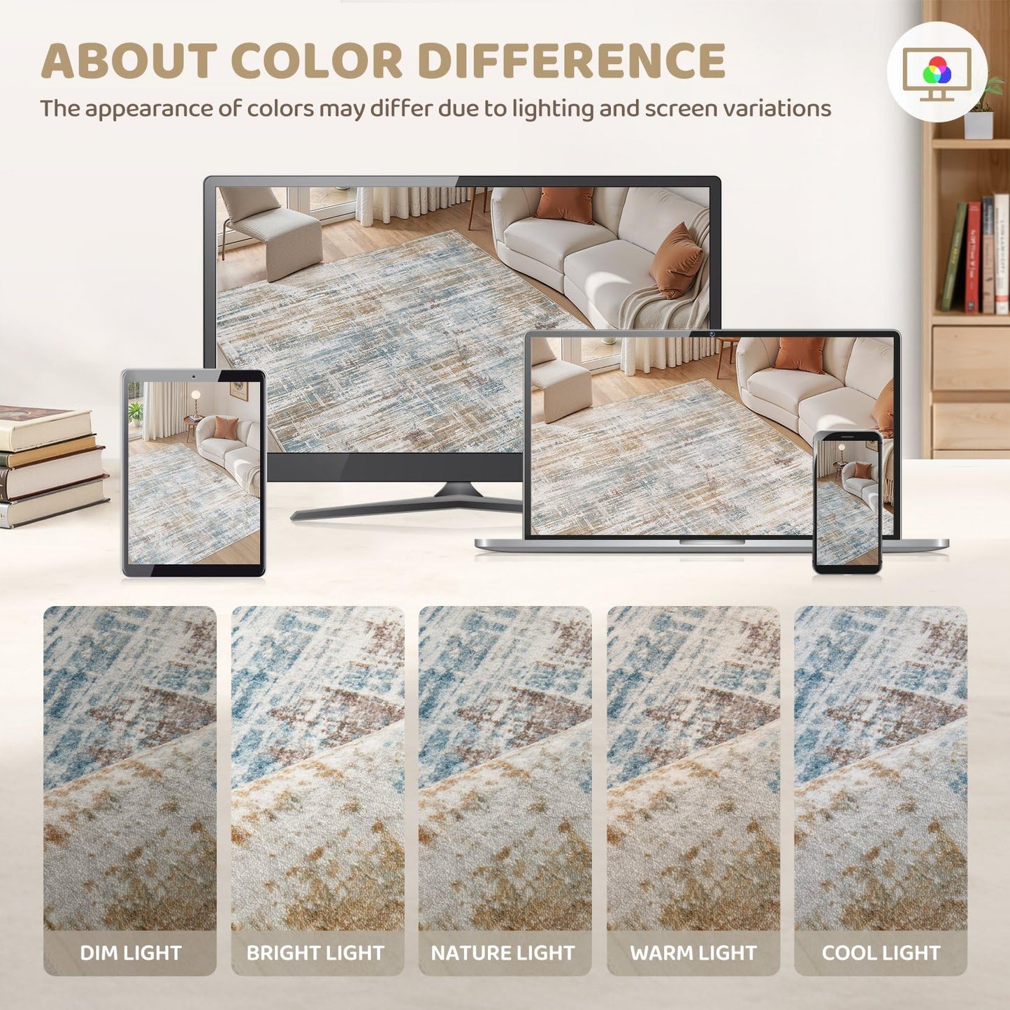 UERMEI 8x10 Washable Area Rug for Living Room: Modern Neutral Abstract Large Soft Low Pile Carpet Non-Slip Pet Kids Friendly Indoor Decor for Bedroom Dining Room Home Office Nursery Blue Brown