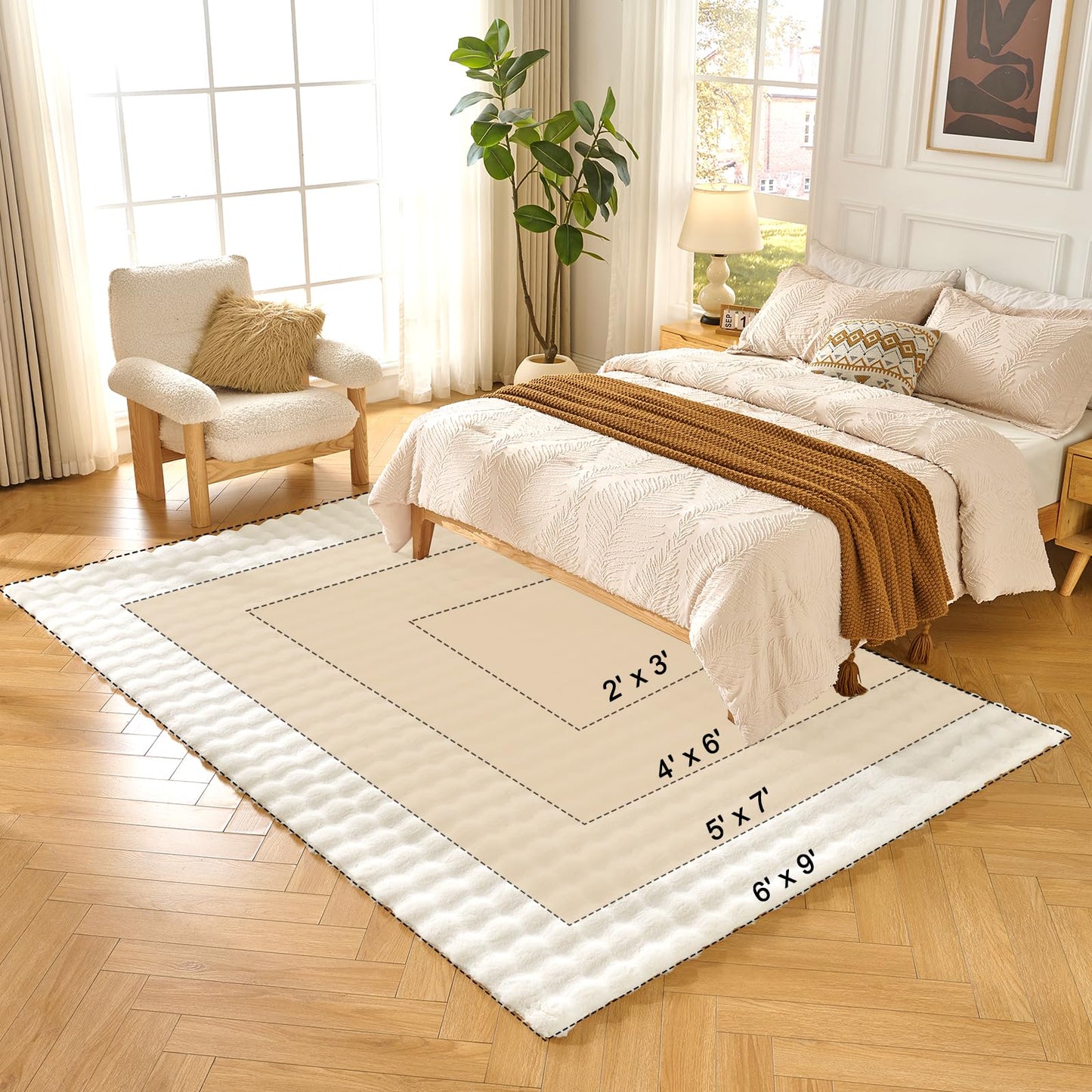 Lotus Karen Washable Area Rug, 3D Bubble Rug for Living Room, Bedroom, Faux Fur Carpet for Home Decor,5' W × 7' L, Cream White