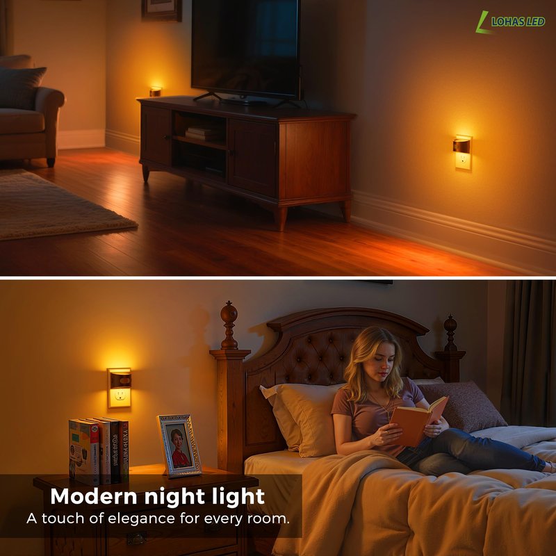 L LOHAS LED Night Light with Motion Sensor & Dusk to Dawn Sensor, Night Lights Plug into Wall with 30-100lm Adjustable Brightness, Dimmable Night Light for Bathroom Hallway, 1600K Amber, 4 Pack