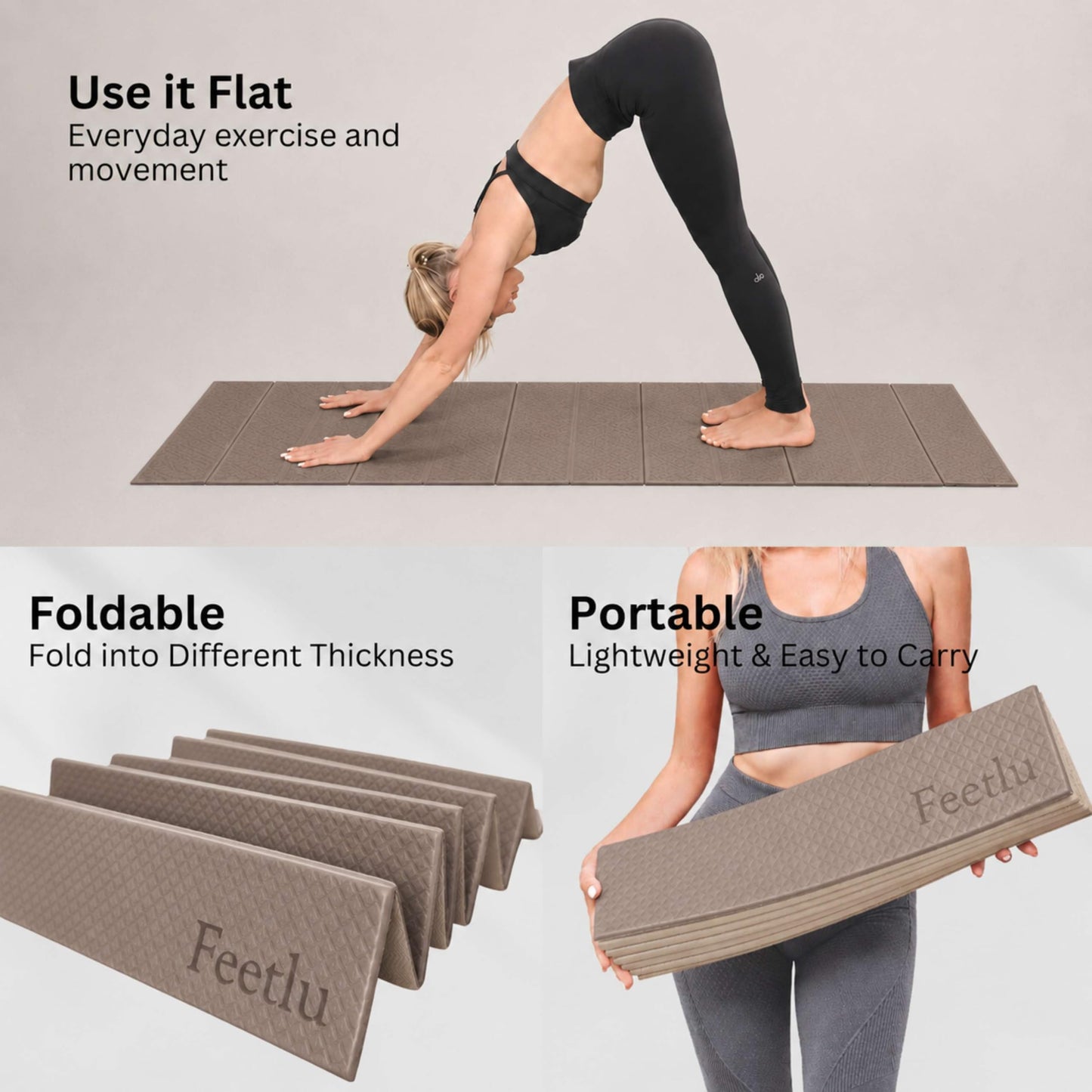 Feetlu Foldable Yoga Exercise Mat, 6mm/8mm/10mm/12mm Thickness, 72 x 24 Inch - Lightweight, Anti-Slip, and Easy to Store for Yoga, Pilates, Home Workouts, and Floor Exercises (Coffee 6mm)