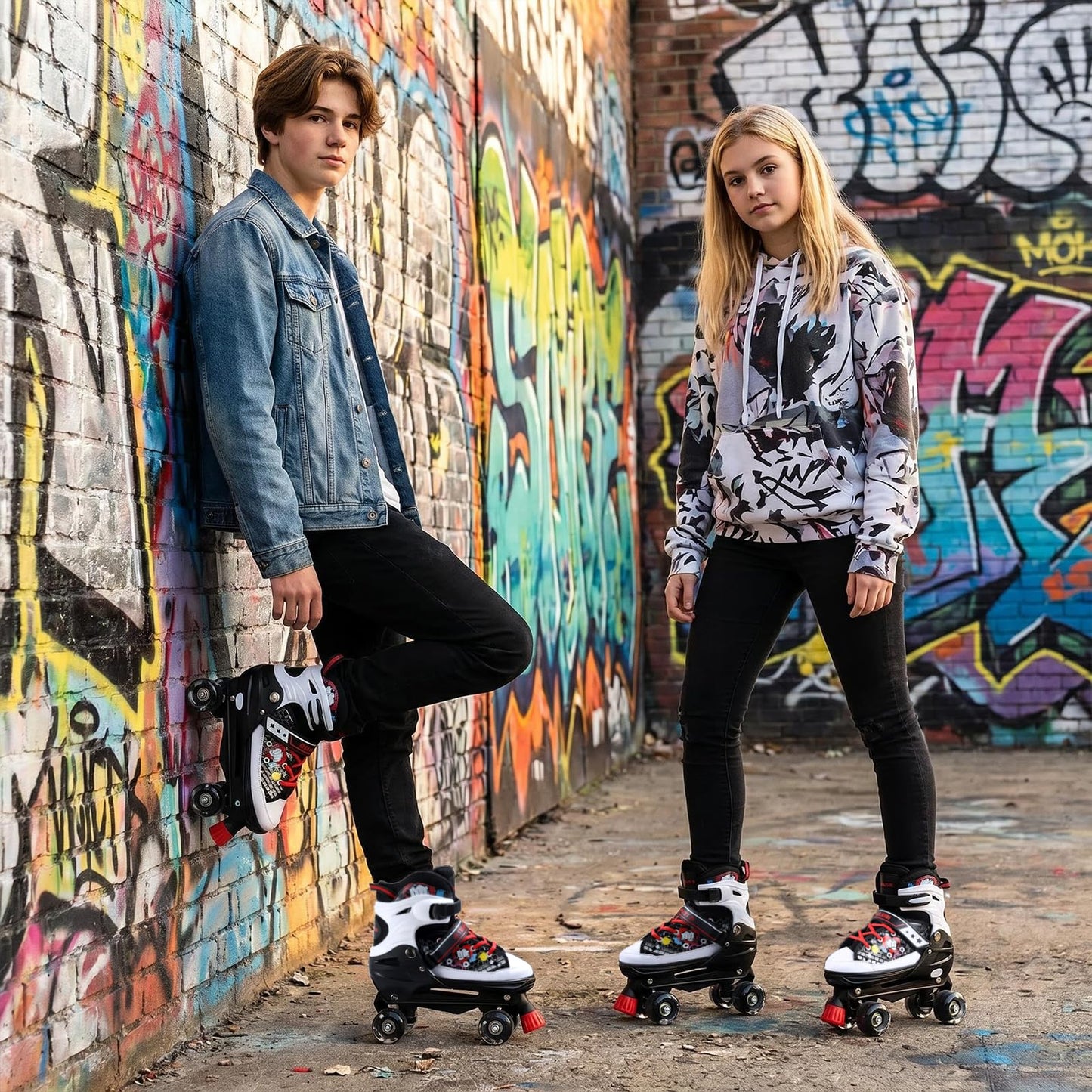 Kids Roller Skates, 4 Size Adjustable Quad Skates with All Light Up Wheels, 10C to 8 Rollerskates for Toddlers, Beginners, Boys, Girls, Outdoor, Indoor, Black, Large