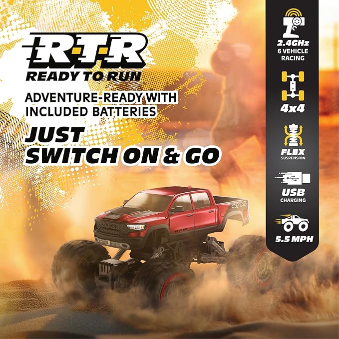RC 4WD Heavy Metal RAM 1500 Pickup Truck – 1:14 Scale Officially Licensed Stamped Metal Body 4x4 All-Wheel Drive 2.4GHz Full-Function Remote Control Ready-to-Run USB Charging Red