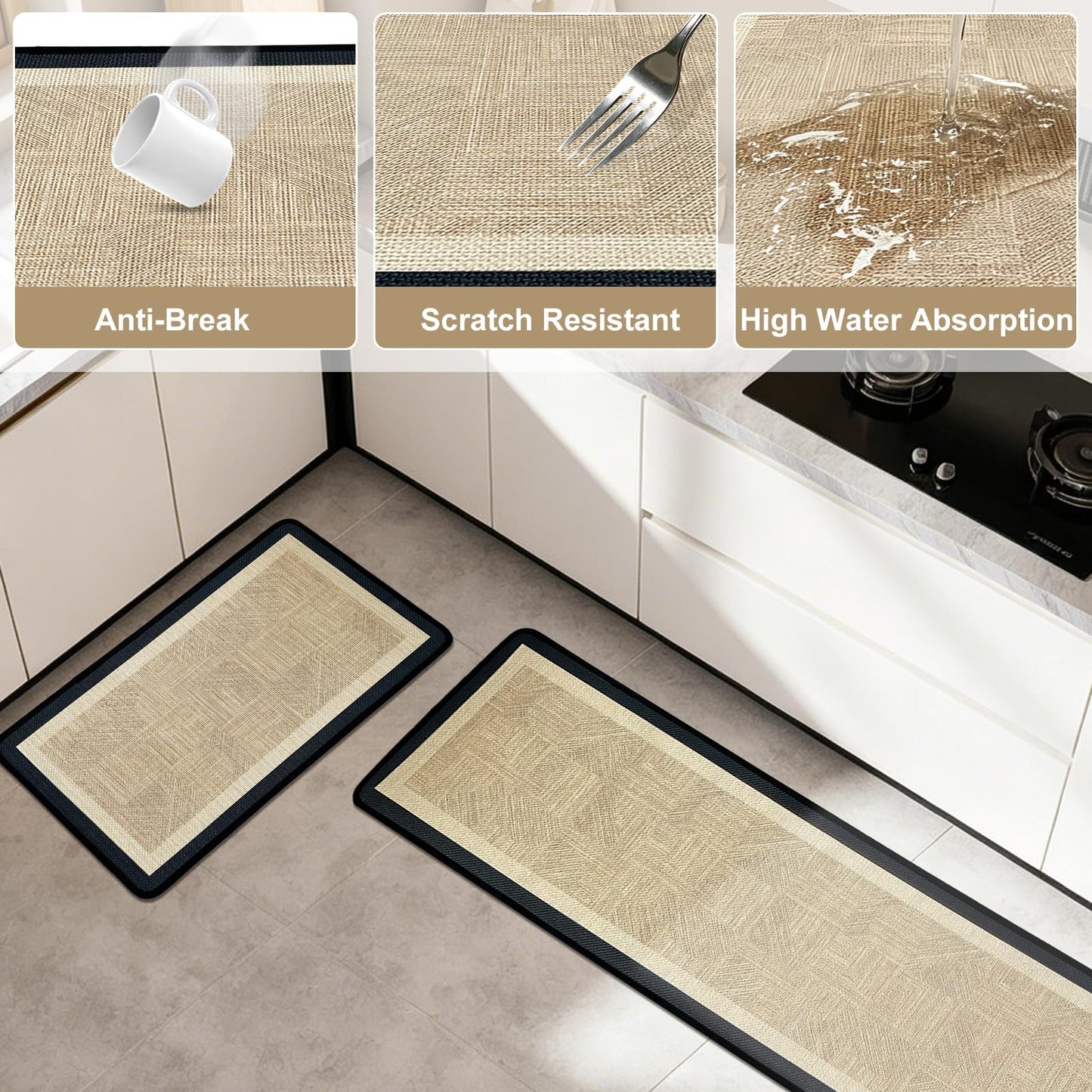 winolive Kitchen Mat Kitchen Rugs Sets of 2 PCS,Neutral Braided Kitchen Mats for Floor,Thick Rubber Backing and Comfort Standing Runner Rugs,Anti Fatigue,Machine Washable,Beige,17"x30"+17"x47"