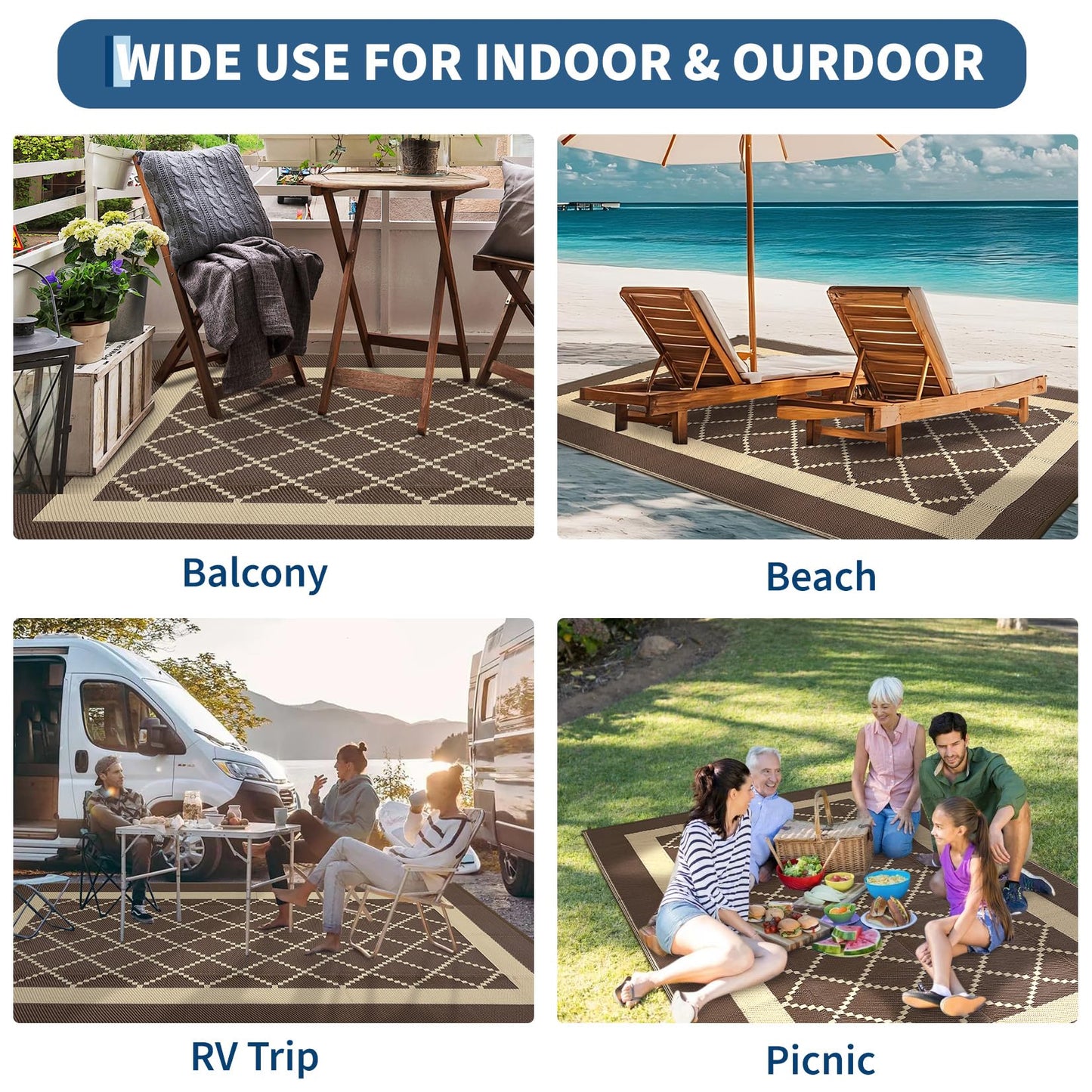 Garvee Patio Rugs Outdoor 9x18 Plastic Straw Rug Modern Reversible Camping Carpet, Waterproof Bordered Outdoor Mat with 4 Stakes and Storage Bag for RV, Picnic, Backyard, Deck, Balcony, Porch, Beach
