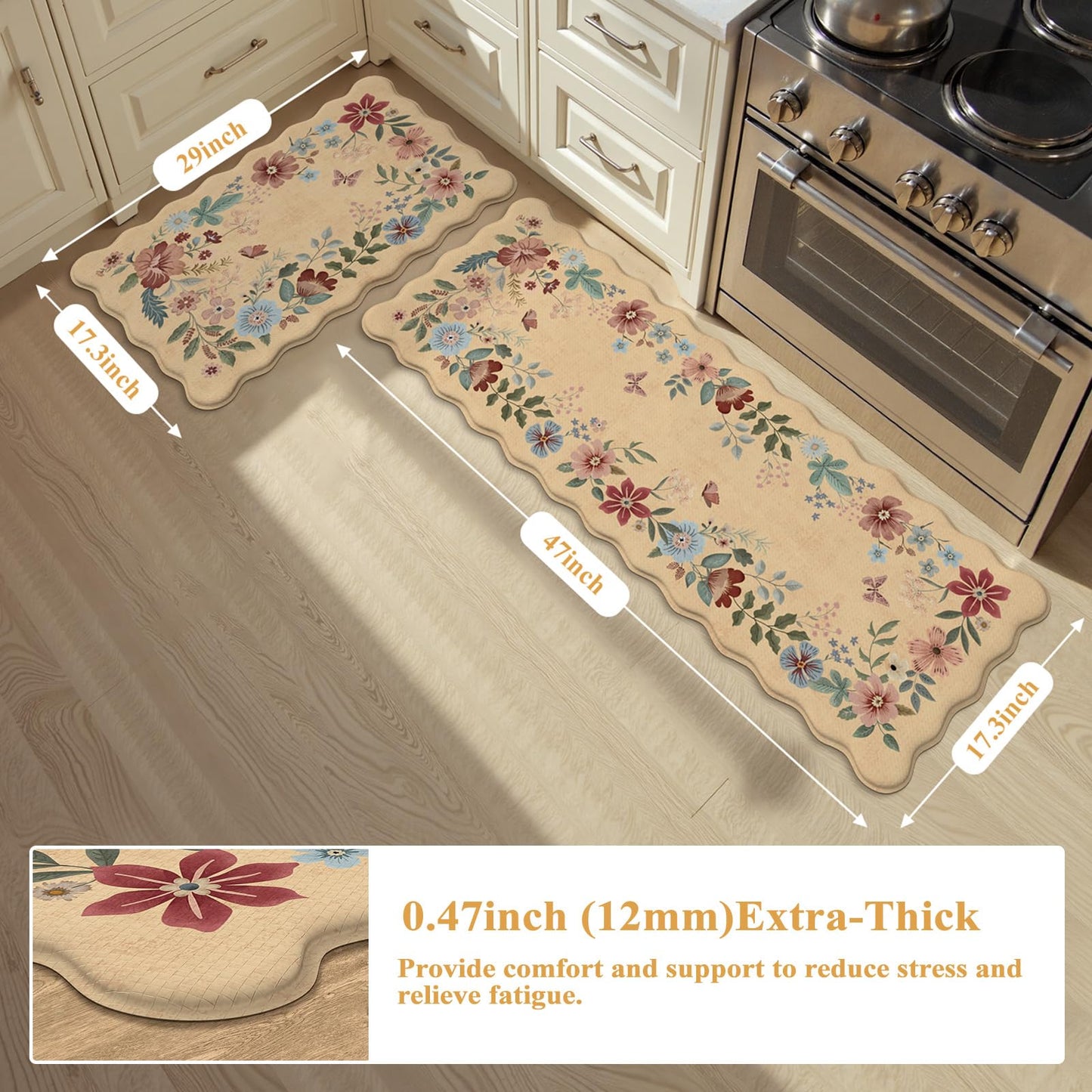 Collive Kitchen Floor Mat Cushioned Anti Fatigue, Scalloped Waterproof Kitchen Sink Rugs Non Skid Sets of 2, Memory Foam Comfort Standing Mats Boho Floral Desk Carpet for Laundry, Office, Home Decor