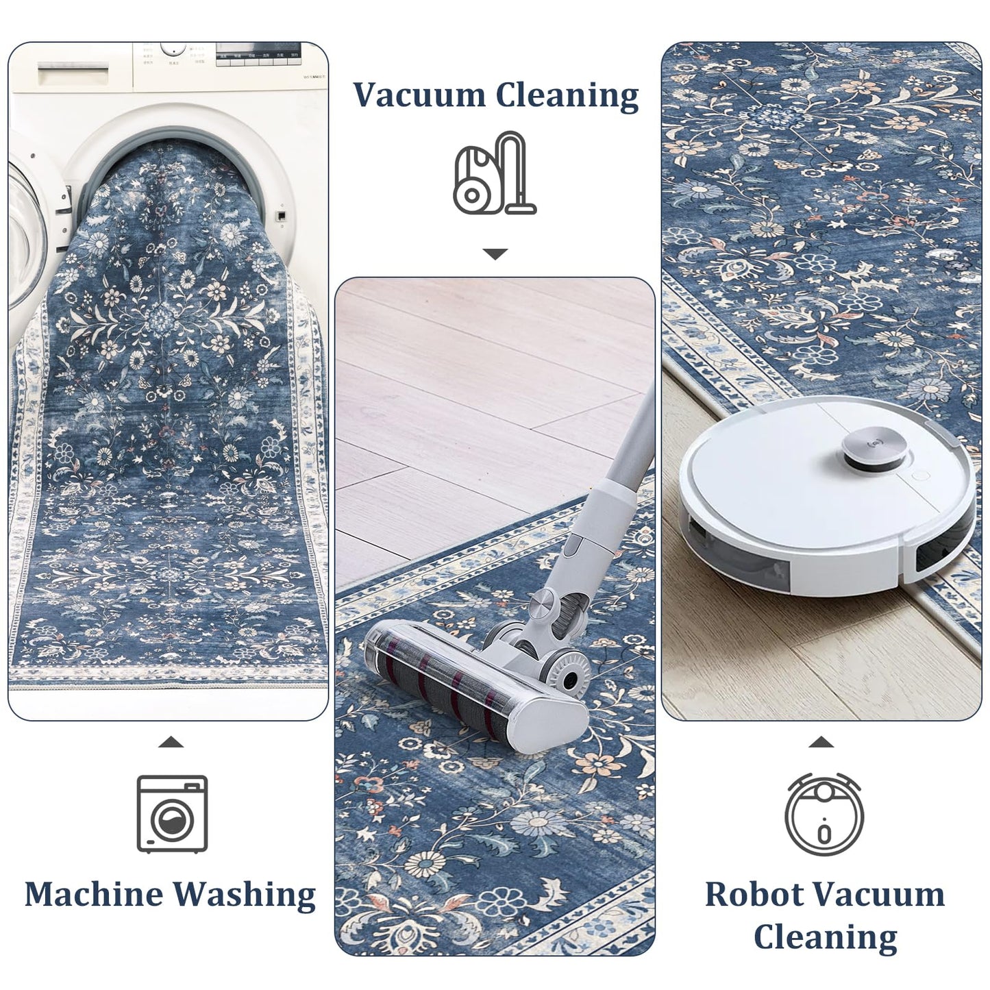 Yamaziot Washable Runner Rug 2x8 – Non Slip Boho Floral Hallway Runner Rug with Rubber Backing, Low Pile Wool Distressed Carpet for Kitchen, Laundry, Bedroom, Entrance, Blue
