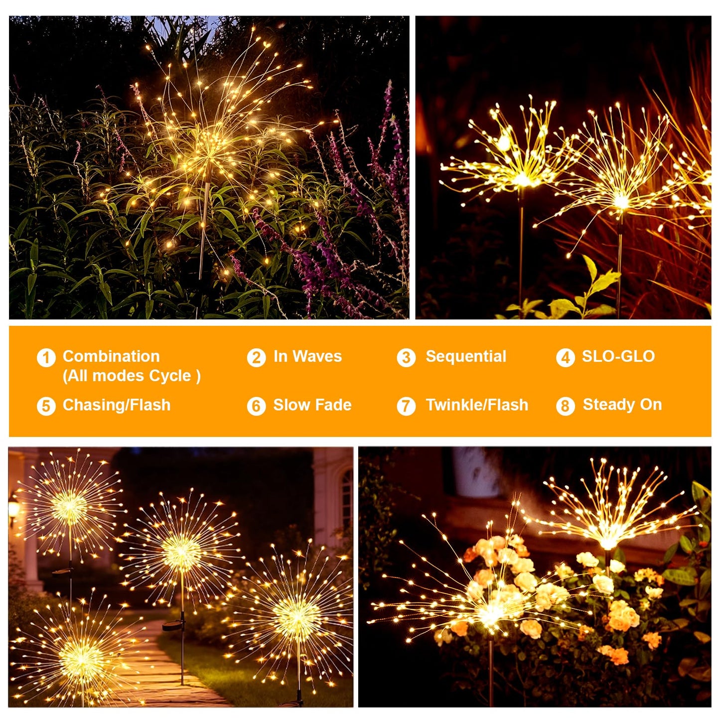 Galavasen Solar Fireworks Lights for Outside, 150 LED Firework Solar Lights Outdoor Waterproof,Garden Fairy Twinkling Tree Stake for Yard Patio Pathway Wedding Christmas Diwali Decor 8 Pack Warm White