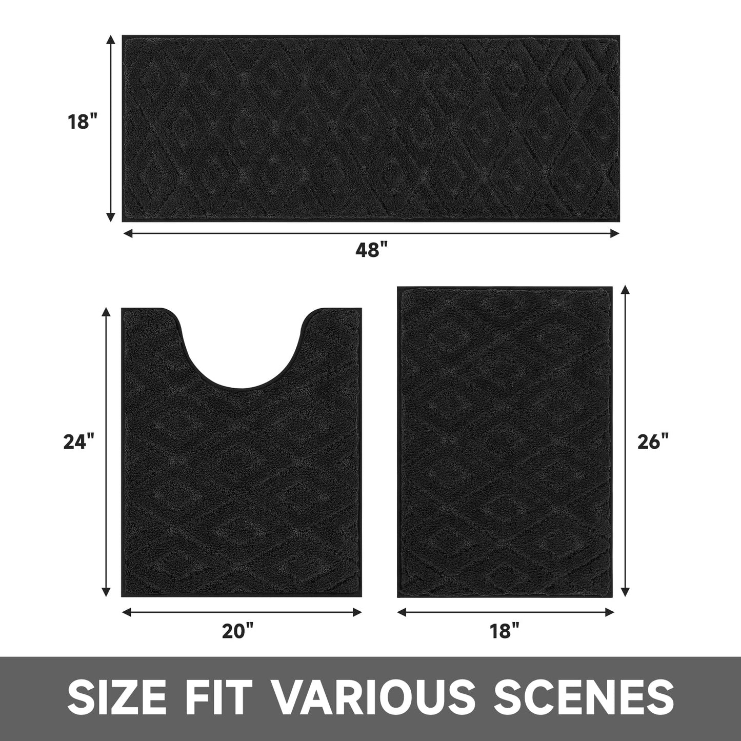 Bsmathom Bathroom Rugs Sets 3 Piece, Microfiber Shaggy Bath Mat Set, Ultra Soft Non-Slip Bath Rugs with U-Shaped Contour Toilet Mat for Bathroom, Tub, Shower Washable Carpets Set, Black