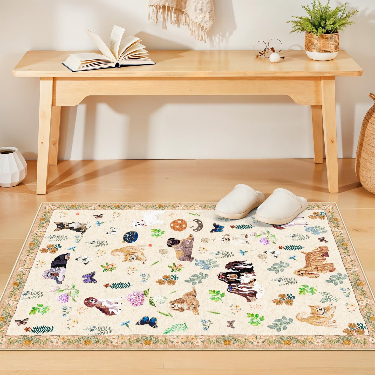 Washable Floral Animal 3x4 Rug: Non-Slip Low Pile Entryway Area Rugs Dog Printed Carpet Stain Resistant Kitchen Runners Soft Beside Floor Mat for Bedroom Kids Room Home Office Laundry(3x4,Beige/Dog