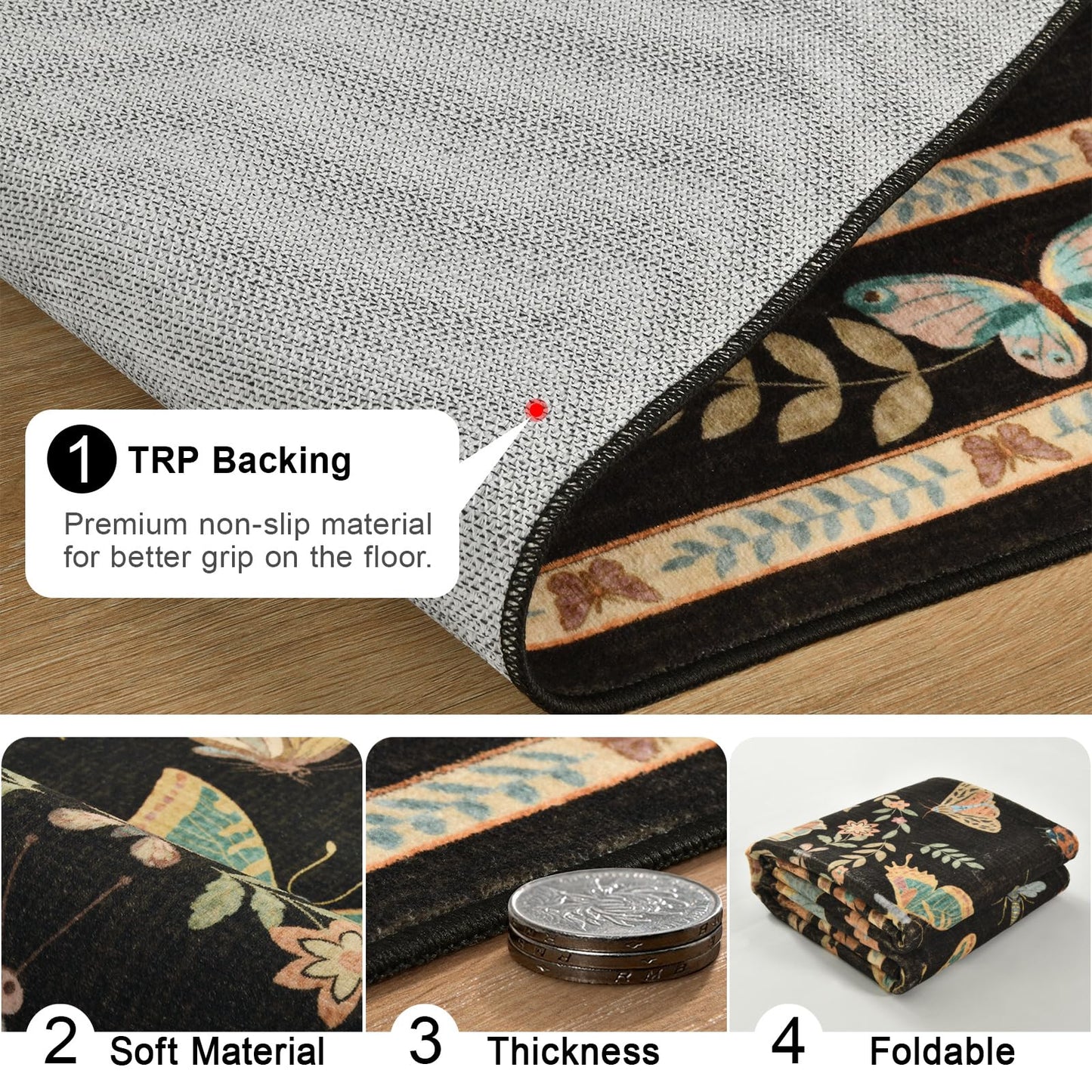 Unirea 8x10 Black Area Rug for Living Room Bedroom Under Bed, Large Washable Boho Insect Bug Rug, Non Silp Dining Room Under Table, Thin Soft Low Pile Stain Resistant Carpet for Home Office