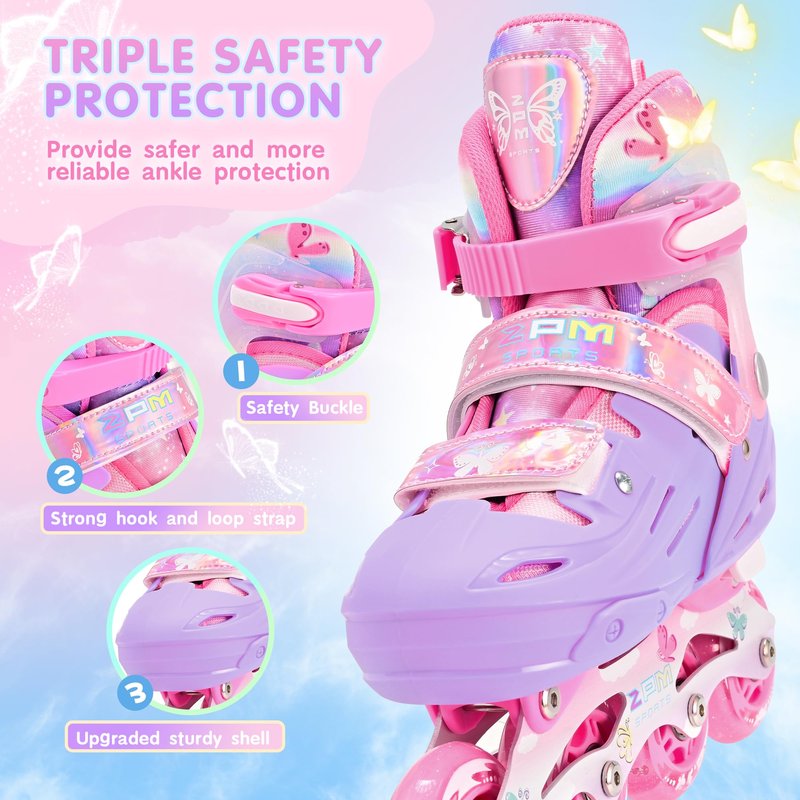 2PM SPORTS Kids Inline Skates Girls Ages 5-8 8-12 4-6 6-12 10-14 with Light Up Wheels, Adjustable Kids Blades Roller Skates for Girls Beginner Youth Outdoor Size 11C 1 2 3 4 5 6 7 8 Pink Butterfly