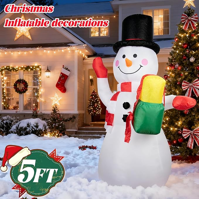 5FT Christmas Inflatables Snowman Blow Ups Christmas Decorations Outdoor with Colorful LED Lights for Indoor Outdoor Garden Yard Holiday Xmas Party