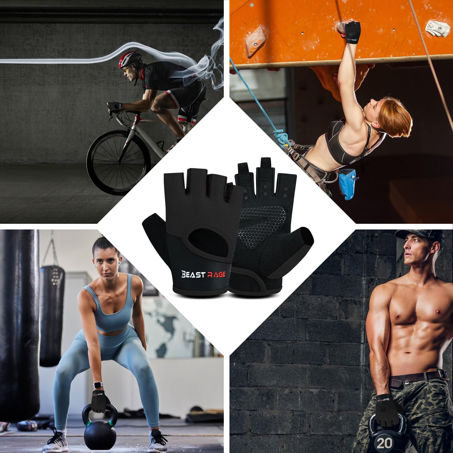 BEAST RAGE Workout Gloves for Men Gym Gloves for Weightlifting Women Fingerless with Palm Protection Padding, Breathable and Lightweight Weight Lifting Glove Cycling Pull Up (Black, S)