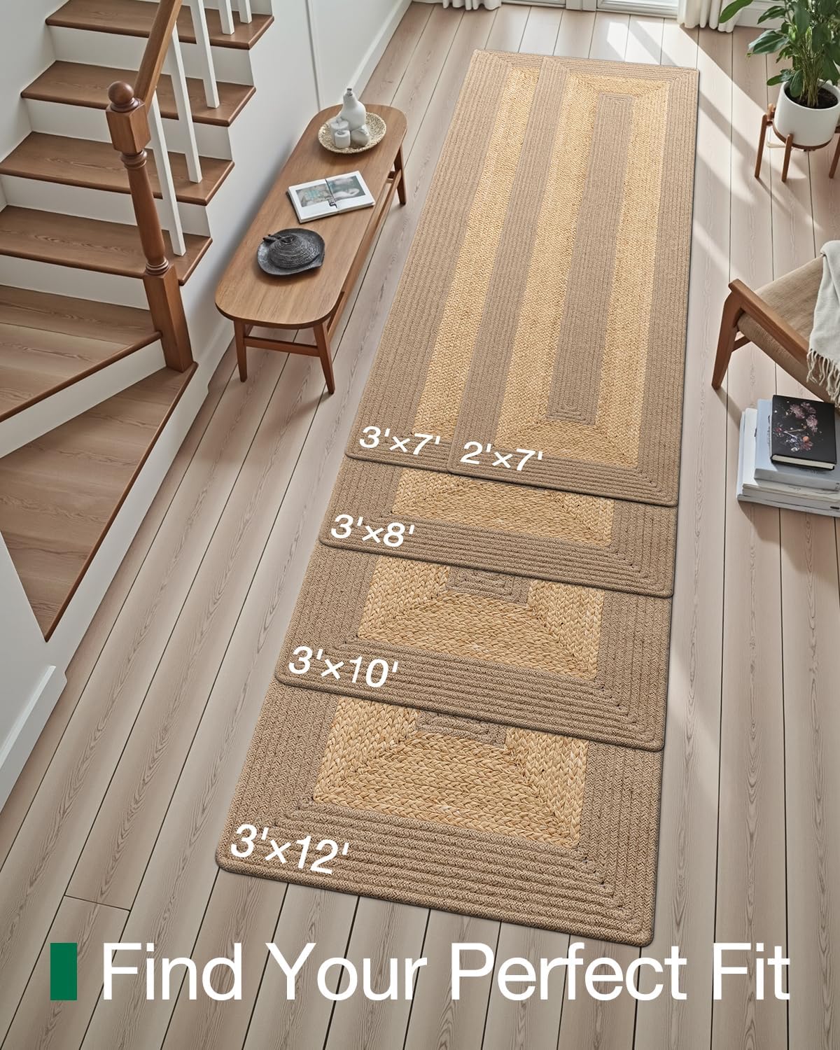LUMI 3x7 Jute and Raffia Braided Runner Rug for Hallway, Natural Rustic Carpet Non Slip, Area Mat Indoor High Traffic for Living Room, Entryway, Kitchen, Laundry