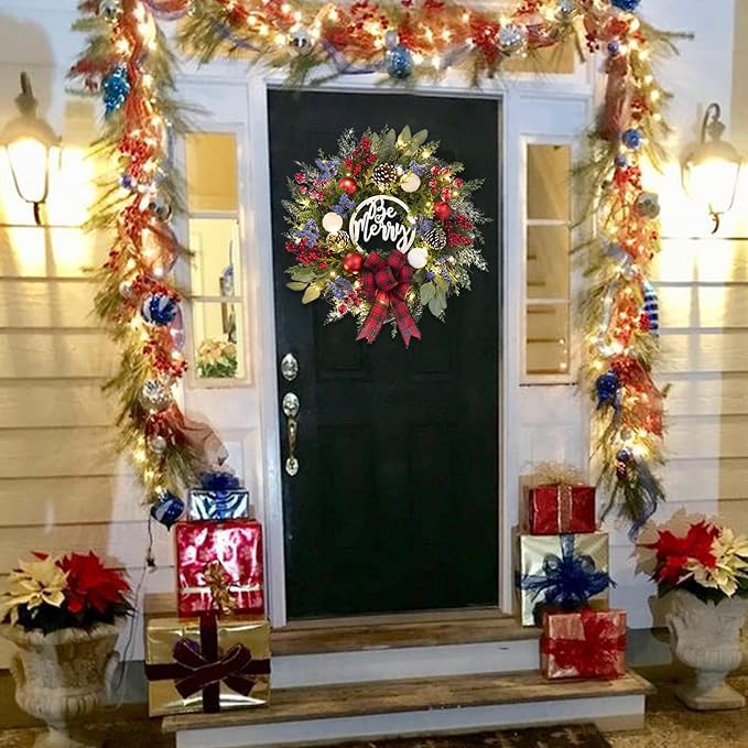 Prelit Christmas Wreath for Front Door Outside,22 inch Be Merry Wreath with red Black tarten Plaid Bow,Lighted Farmhouse Christmas decoration-30 LED Light/Timer,Winter Door Wreath, Porch Decor