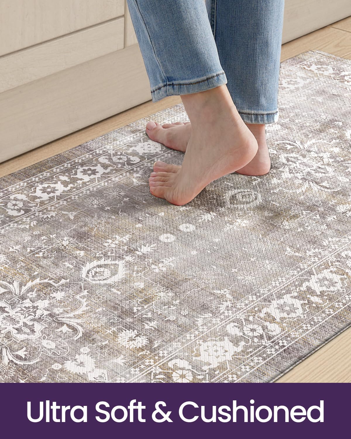 DEXI Kitchen Floor Mats Cushioned Anti Fatigue, 23x86 Long Wide Standing Comfort Runner Rug, Waterproof Retro Floral Memory Foam Padded for Front Sink Laundry, Grey Floral