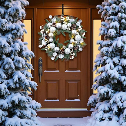 YULETIME 20-inch Christmas Wreath, Battery Operated Holiday Wreath with 20 Fairy Lights, Silvery Baubles, White Berries, Pine Cones, Silvery Leaves, Frosted Spruce Branches & Pine Needles (Silver)