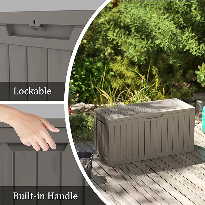 80 Gallon Coffee Resin Deck Box - Rustic Outdoor Storage for Garden Tools, Patio Essentials & Package Delivery - Weatherproof, Lockable for Farmhouse Decks