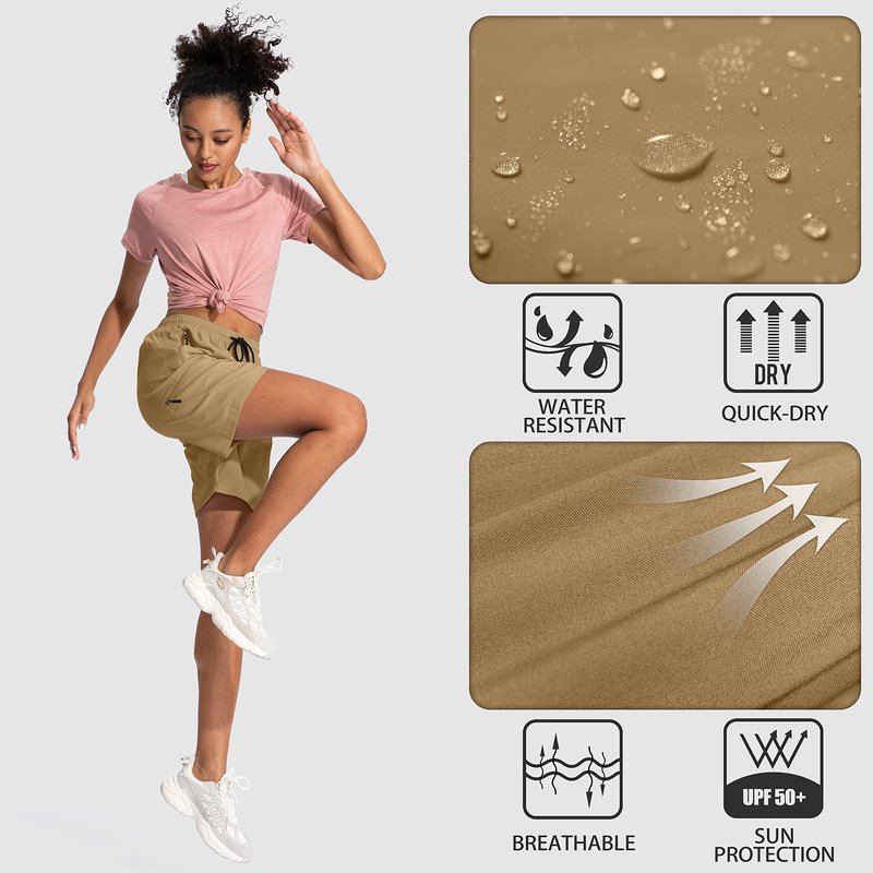SANTINY Women's 5''/ 7''/9'' Hiking Cargo Shorts Quick Dry Lightweight Summer Shorts for Women Athletic Golf Zipper Pockets(Dark Khaki_S)