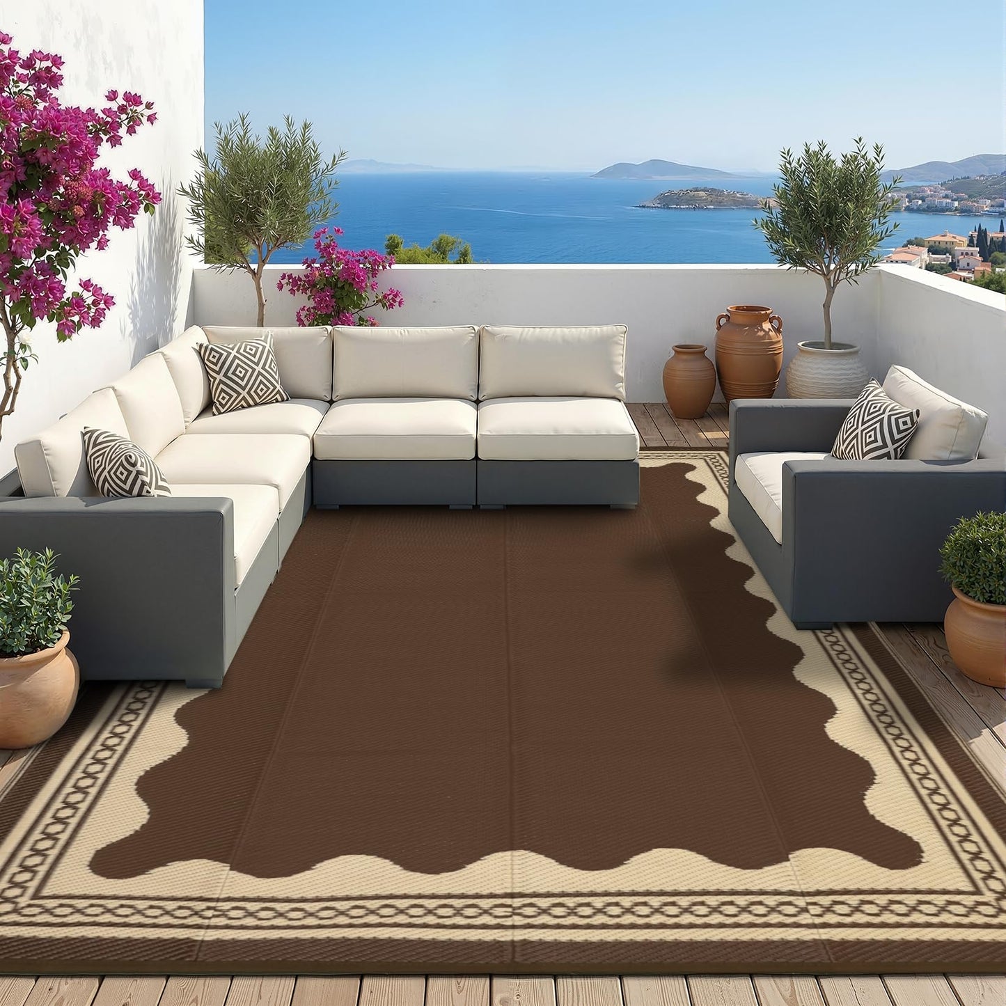 Garvee Outdoor Rug 8x10 Scalloped Waterproof Patio RV Outdoor Rugs Reversible Foldable Plastic Straw Rug Modern Camping Carpet for Deck Camper Porch Balcony Backyard Picnic Beach Brown