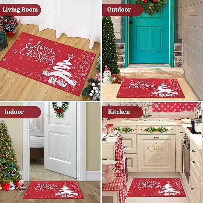 CAROMIO Christmas Welcome Mat 20x32 Inch - Xmas Decorative Doormat with Christmas Tree & Snowflake Pattern - Non Slip, Holiday Outdoor/Indoor Entrance Floor Mat