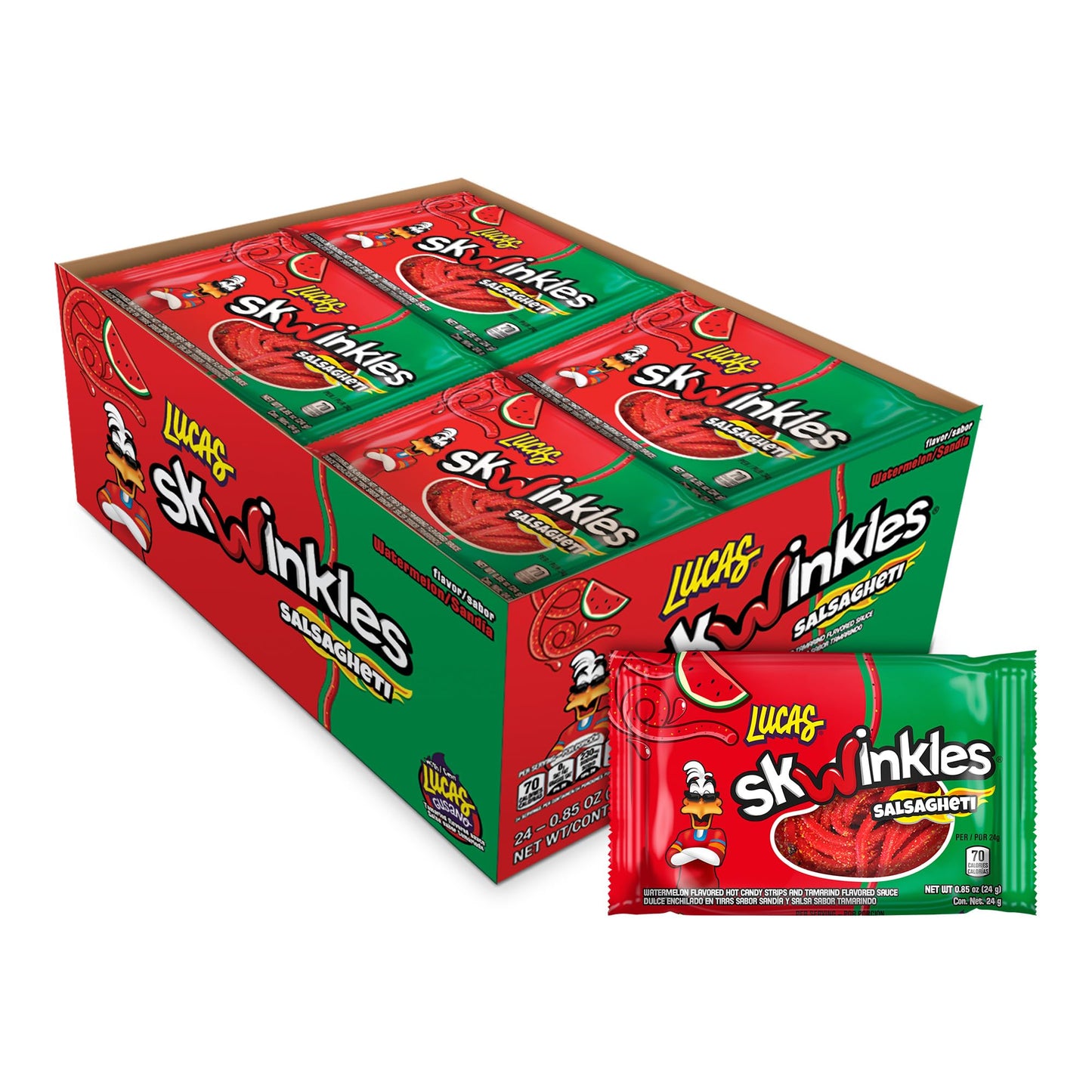 Lucas Salsagheti Watermelon Flavored Hot Candy Strips and Tamarind Sauce, 0.84 oz - 12 Pieces Pack for Treats, Snack, Parties, Piñatas,0.84 Ounce (Pack of 12)