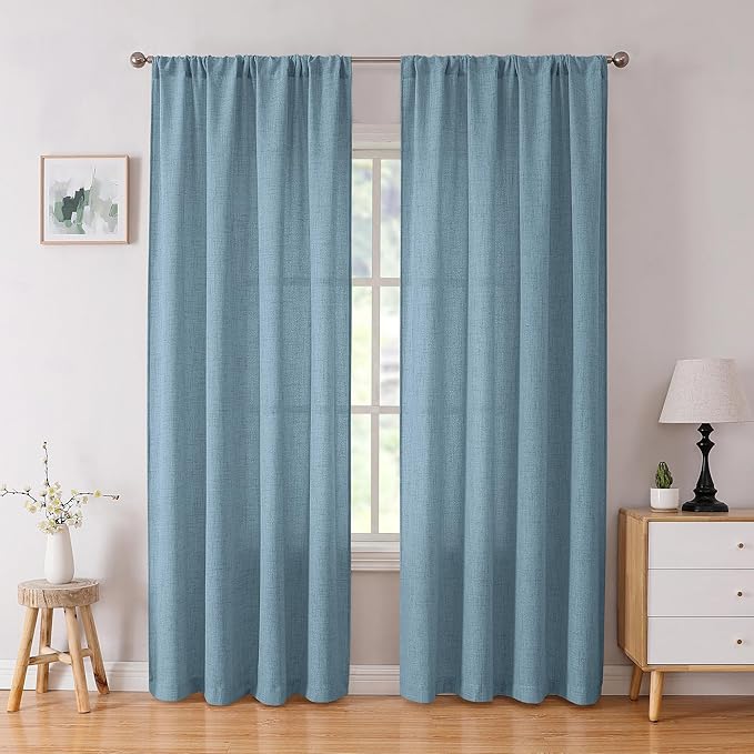 Tollpiz Linen Curtain Living Room Rod Pocket Semi Sheer Curtains Burlap Light Filtering Thick Linen Drape for Bedroom, 54 x 72 inches Long, Dusty Blue, Set of 2 Panels