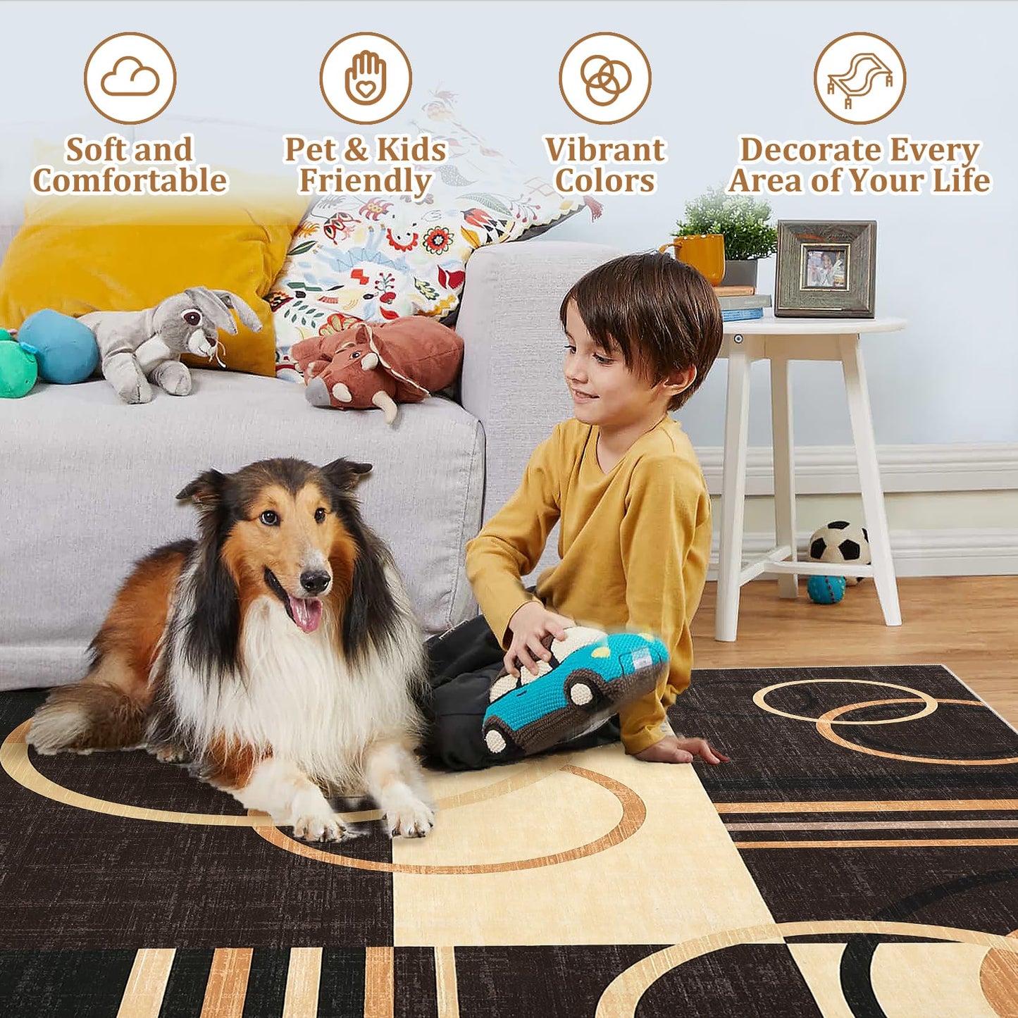 RUGSREAL Washable Rug 4x6 Abstract Circles Area Rugs Non Slip Floor Carpet Contemporary Soft Rug Low Pile Accent Rugs for Indoor Living Dining Room, Brown