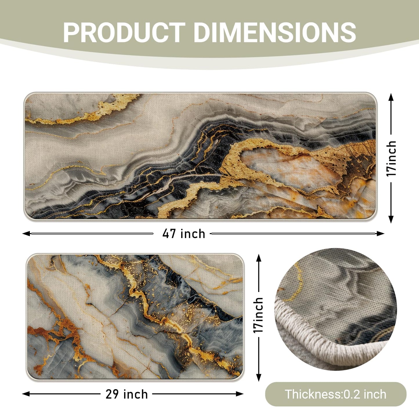 Livcoz Black White Gold Marble Texture Kitchen Rugs Set of 2, Modern Abstract Fluid Art Floor Mats Home Decor, Luxury Stone Door Mat Decorations - 17x29 and 17x47 Inches