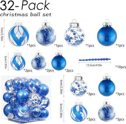 XmasExp 32ct Christmas Ball Ornaments Set -Blue Clear Plastic Shatterproof Xmas Tree Ball Decorations Hanging Baubles for Holiday Decor