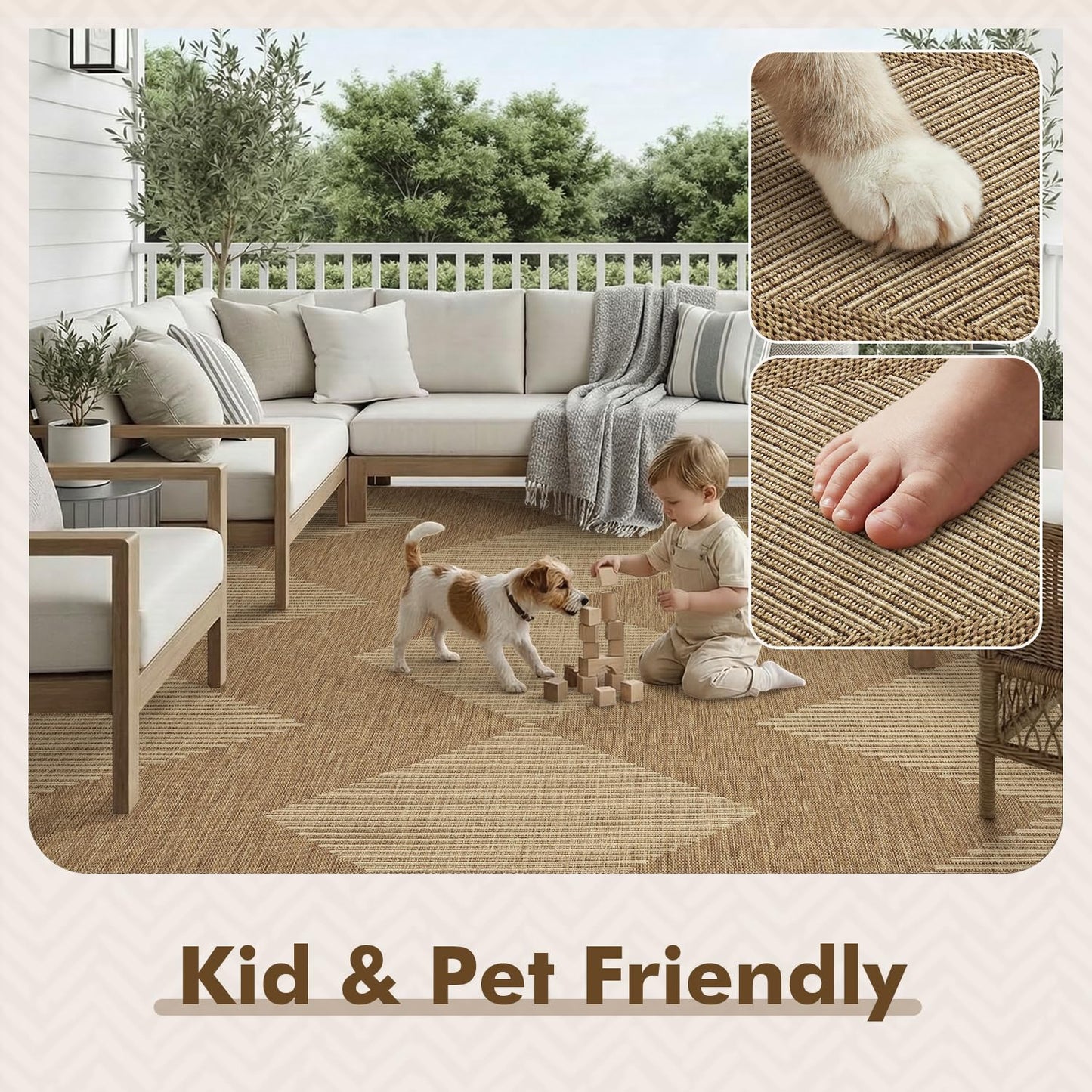 MontVoo-Outdoor Rug Carpet Patio Rug 5x7 ft Polypropylene Indoor Outdoor Rugs for Patio Deck Balcony Porch, Textured Weave, Durable for High Traffic, Fade-Resistant, Boho Geometric Neutral Brown