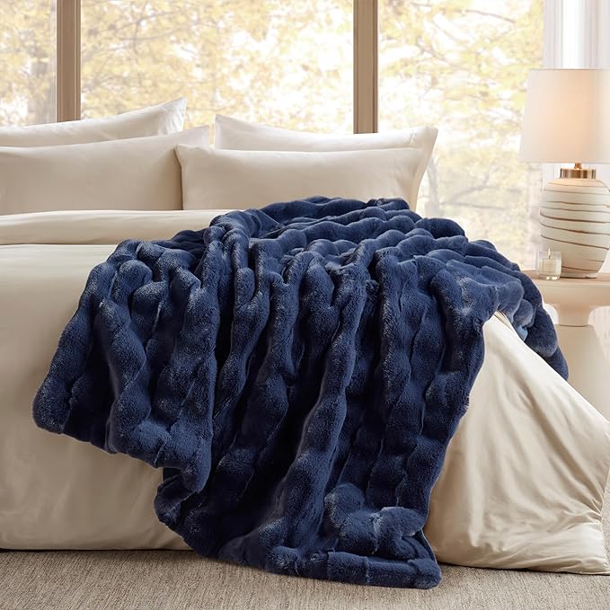 Madison Park Luxuriously Cozy Soft Long Faux Fur Basketweave Blanket, Reversible Soft & Snuggly Velvet Throw, Lightweight, Breathable, All Season, Trendy Room Décor, 50x60, Navy