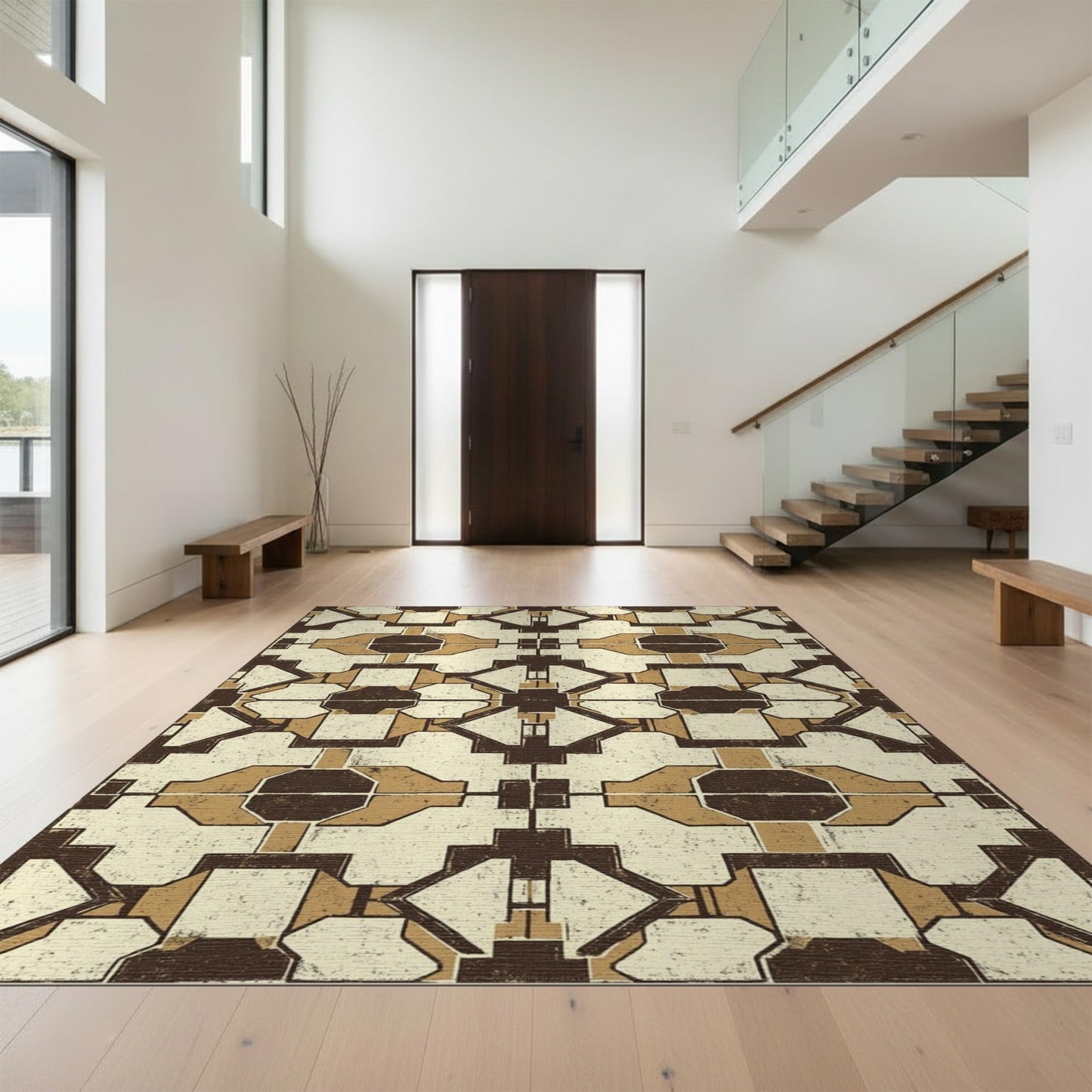 Design&I 3'x5' Washable Area Rug Large Muted Neutral Irregular Shapes Vintage Distressed Over Sleek Flatweave Pet Friendly & Non-Slip Built-in Grip for Bedroom, Walk-in Closet, Nursery
