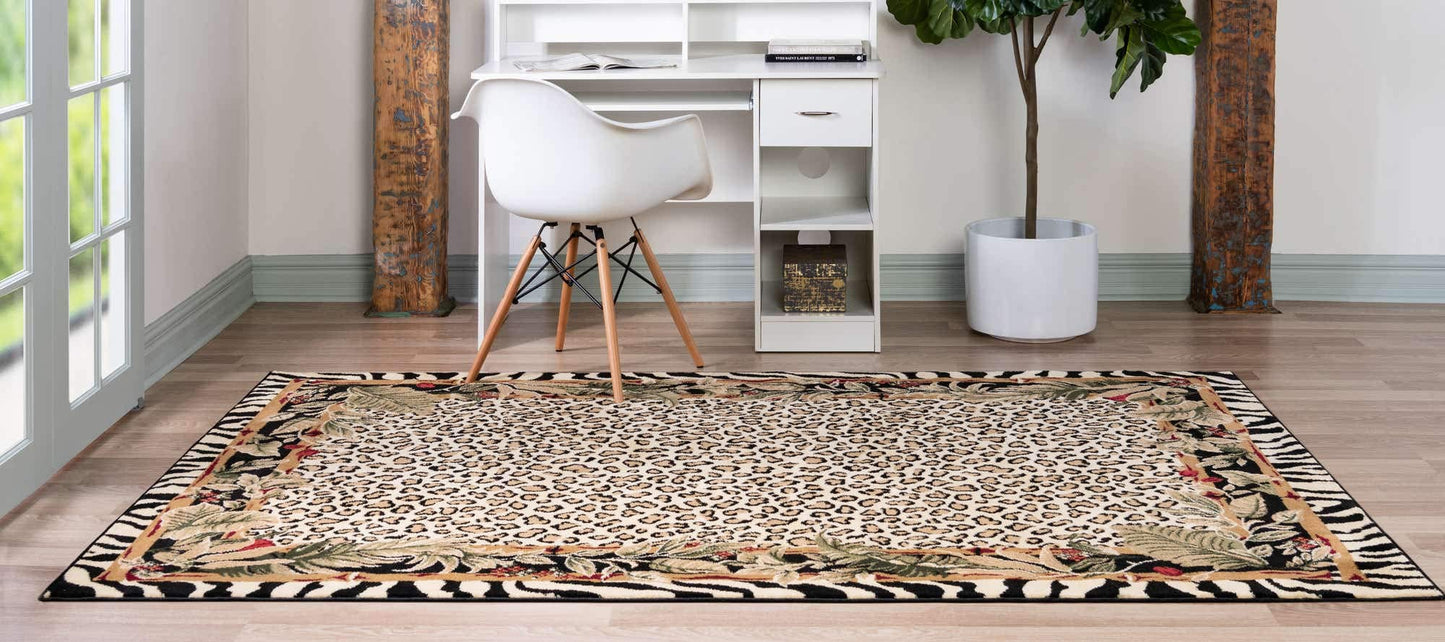 Unique Loom Wildlife Collection Animal Inspired with Cheetah Bordered Design Area Rug (3' 3 x 5' 3 Rectangular, Ivory/Black)