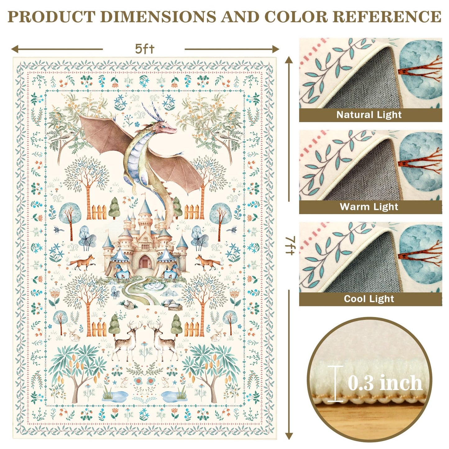 nesrt Washable Area Rugs for Living Room 5x7ft Beige, Soft Dragon Animal Print Bedroom Rugs Non Slip, Botanical Forest Kids Nursey Playroom Floor Carpets for Dining Room Farmhouse Home Office Decor