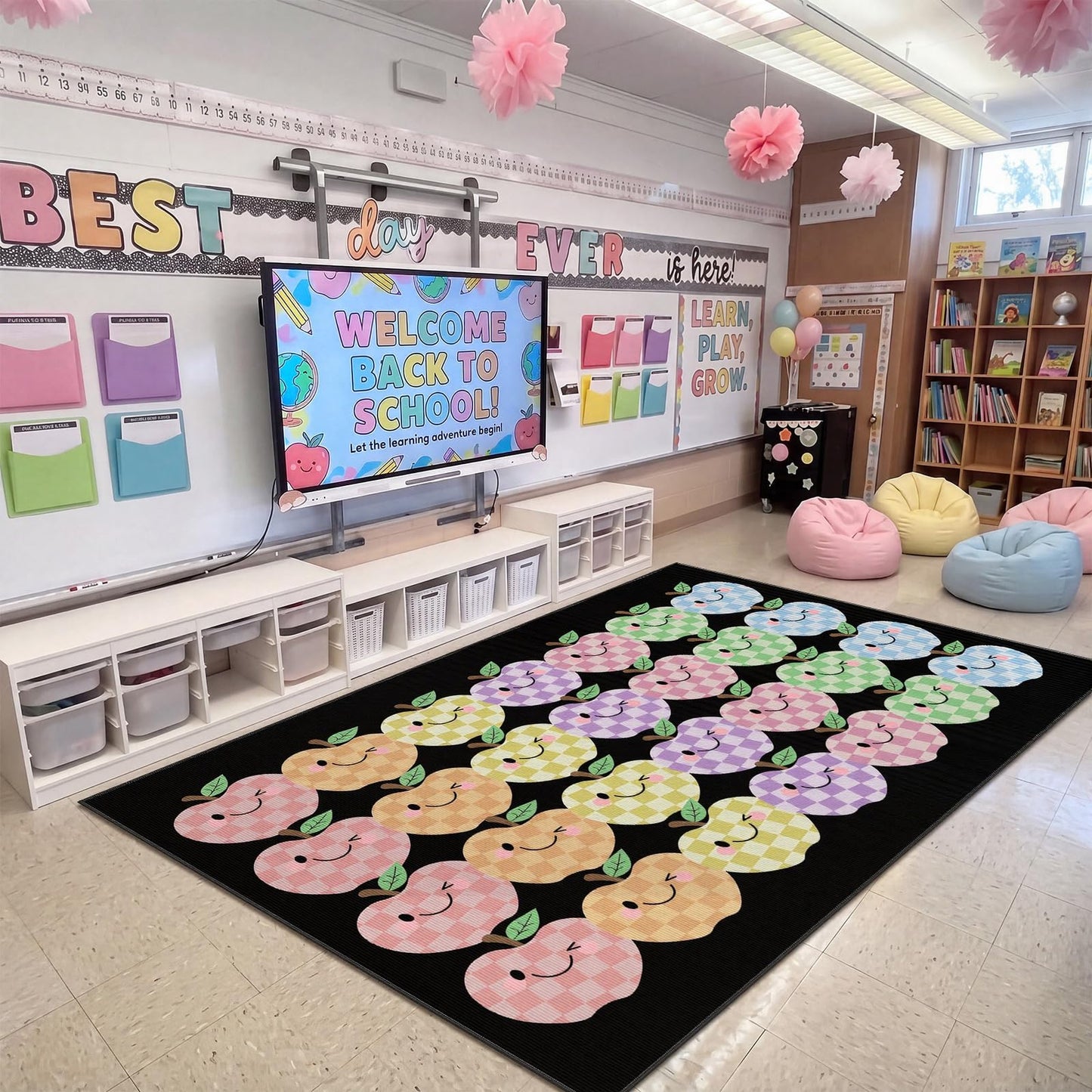 BreezeHug 5 x 7.55ft Smile Apple Classroom Rug Pastel Checkered Apple Area Rug Non Slip Kids Floor Carpet Large Play Mat for Elementary Kindergarten Preschool Daycare Nursery Reading Corner