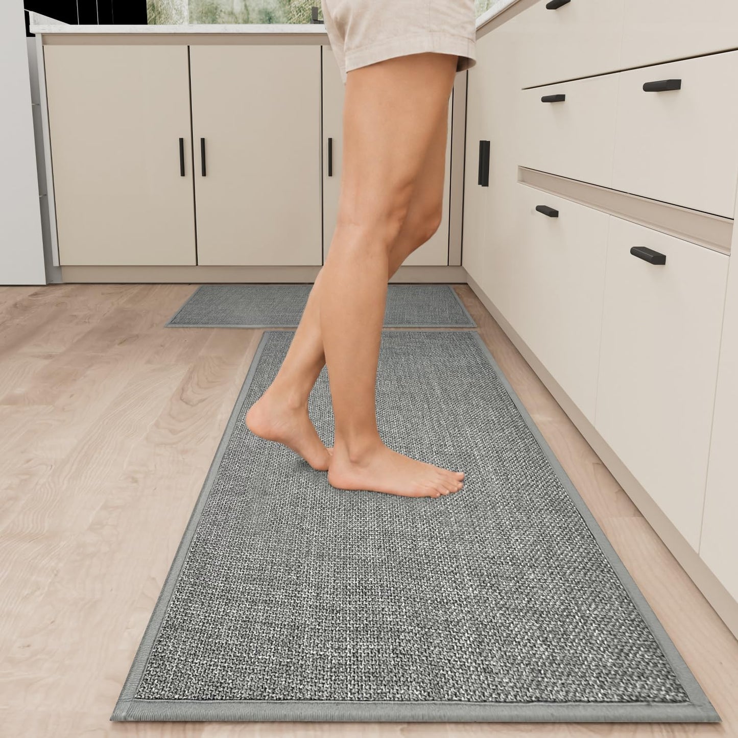 SUMLANS Kitchen Mat Set of 2 PCS, Cushioned Non Slip Rugs for Kitchen Floor, Absorbent Runner Comfort Standing Mats Washable for Kitchen, Office, Home (Grey, 17.3"x47"+17.3"x30")