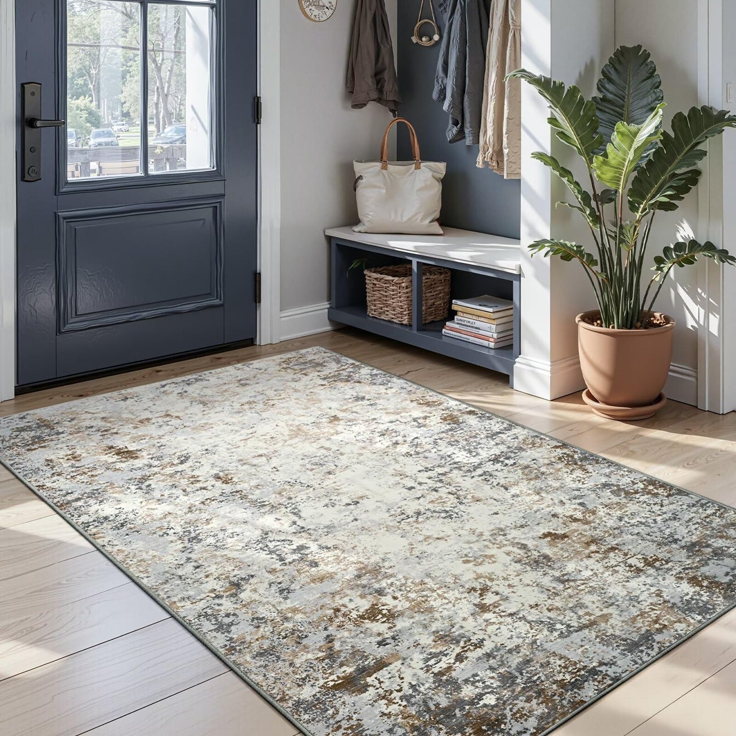 Toneed Abstract Area Rug Modern Washable Rug Soft Non Slip Rug Low Pile for Bedroom Living Room Dining Room Brown/Grey 4x6 Feet