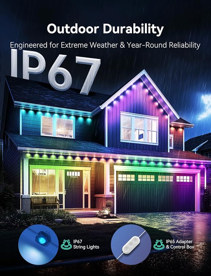 Permanent Outdoor Lights for House, RGB+IC IP67 Waterproof Smart Eave Lights 200ft with 144 LED, Eternity Lighting for Holiday Daily Decor, Work with Remote, APP
