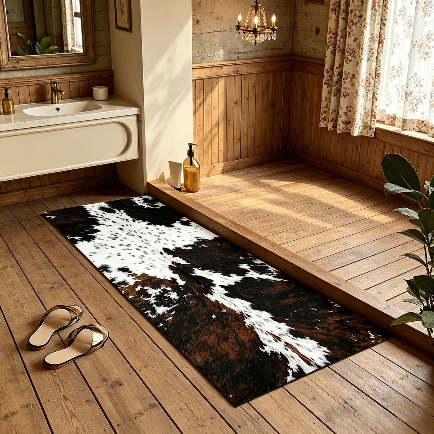 MUGINYU Cowhide Cow Print Bath Mat,Long Western Bathroom Rug for Farmhouse Cowboy Decor,Quick Dry Absorbent Non-Slip Narrow Shower Rug Runner Mats for Bathroom Floor with Rubber Backing