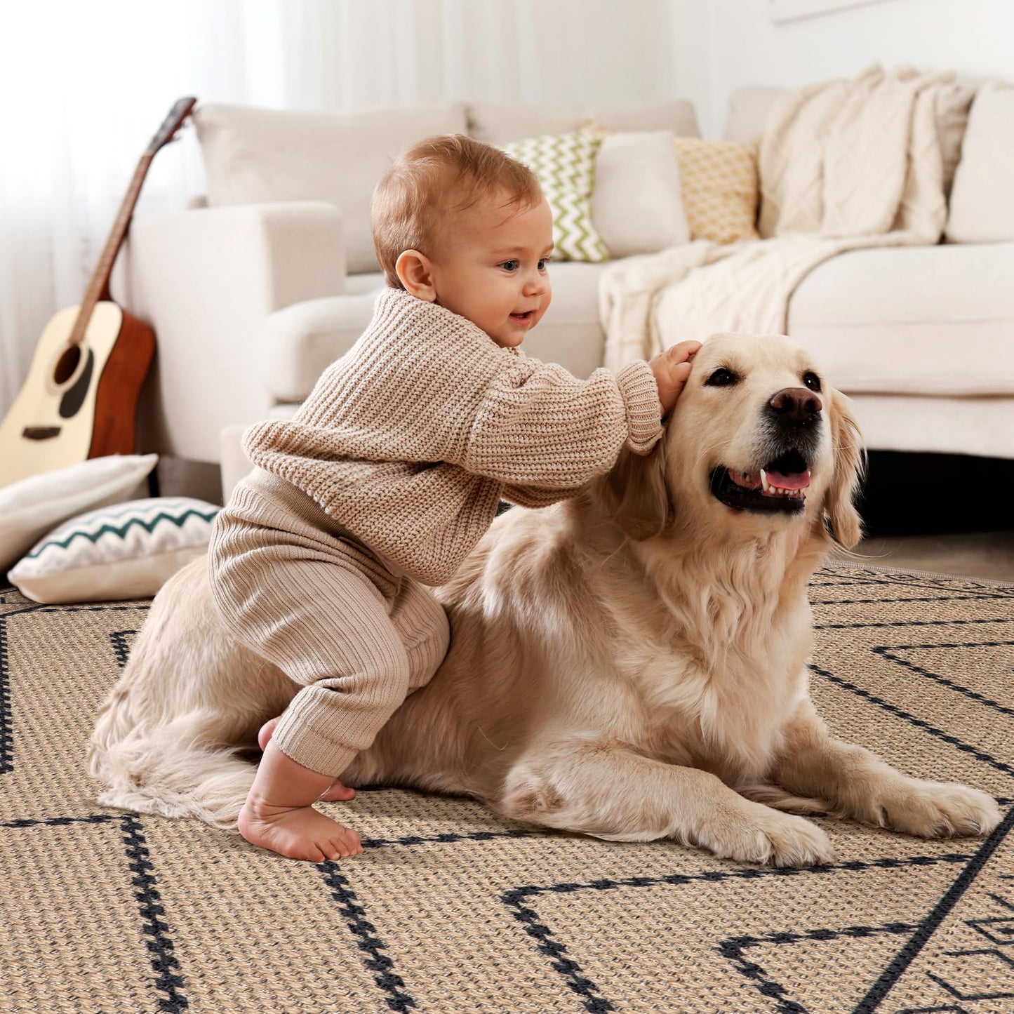 Tangsoo Easy Jute Rug 2x6 Washable Runner Rug for Hallways,Neutral Geometric Ultra Thin Indoor Carpet Runner Farmhouse Long Rnner Mat for Kitchen Entryway Laundry