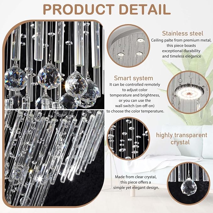D40''X H120'' High Ceiling Chandelier Crystal Raindrop Big Chandeliers Staircase Large Chandelier Empire Entrance Foyer High Ceiling Pendant Chandelers Fixture LED Dimmable 2700K-4500K-6000K
