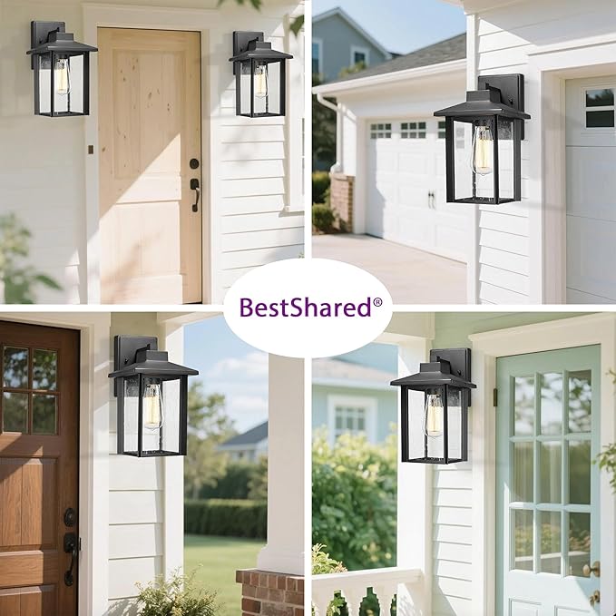 Bestshared Outdoor Wall Lights, Outside Sconce Light, Exterior Lighting Fixture, Outdoor Wall Lantern, Black Porch Lamp with Seeded Glass for Entryway, Garage (Black, 12.4" H)